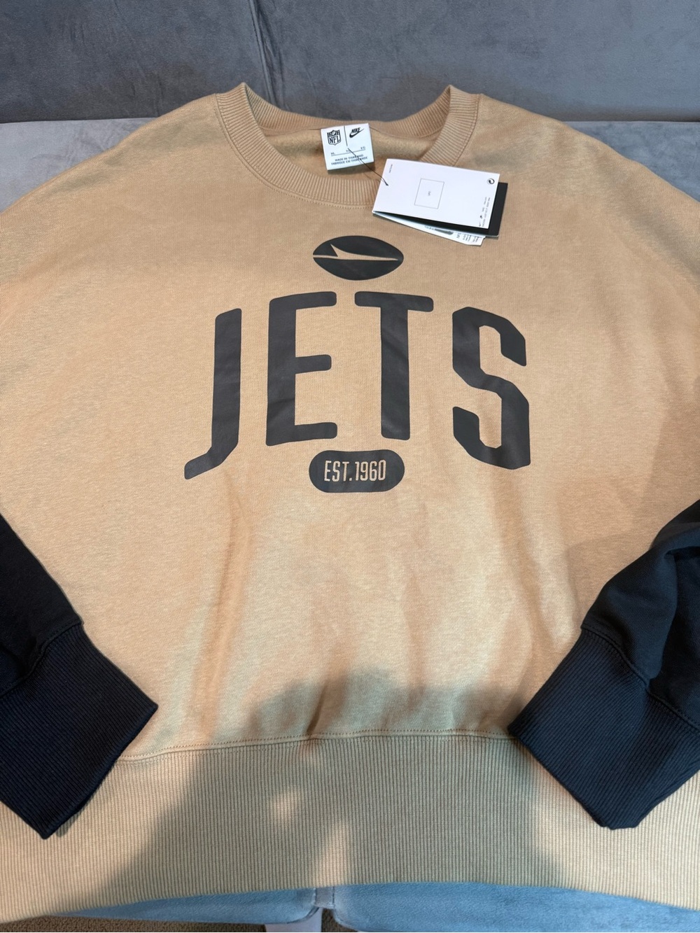 Nike Women’s JETS Crewneck Sweatshirt Tan with Black Sleeves